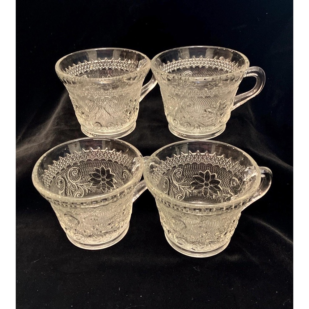 Tiara Sandwich Pattern Indiana Glass Punch Coffee Tea Cups EAPG Clear Set Of 4
